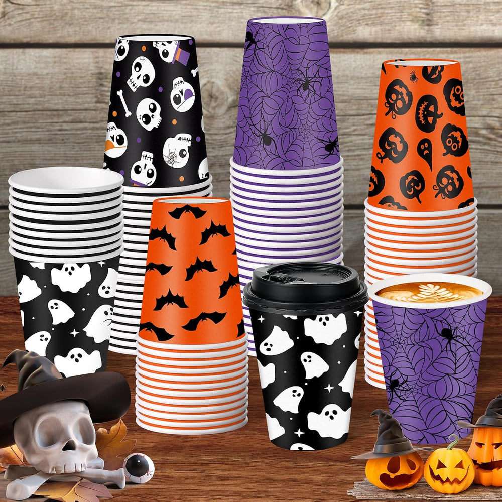 100 Set Halloween Disposable Coffee Cups with Lids 12oz, Bulk Black Orange Pu...