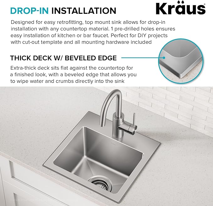 KRAUS Fairlane 15-inch Drop In/Top Mount Single Bowl 18-Gauge Stainless Steel - Image 7