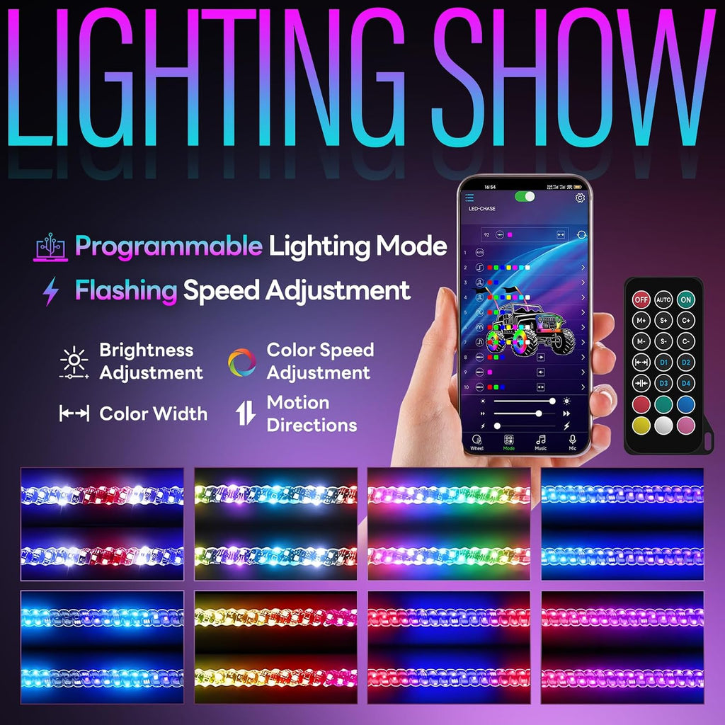 2PCS 4FT Whip Lights with Spring Base, LED Whip Lights with App & Remote Control,Spiral RGB Chasing Lighted Antenna with Rocker Switch, Music Whip Light for UTV ATV Polaris RZR SXS Jeep Truck