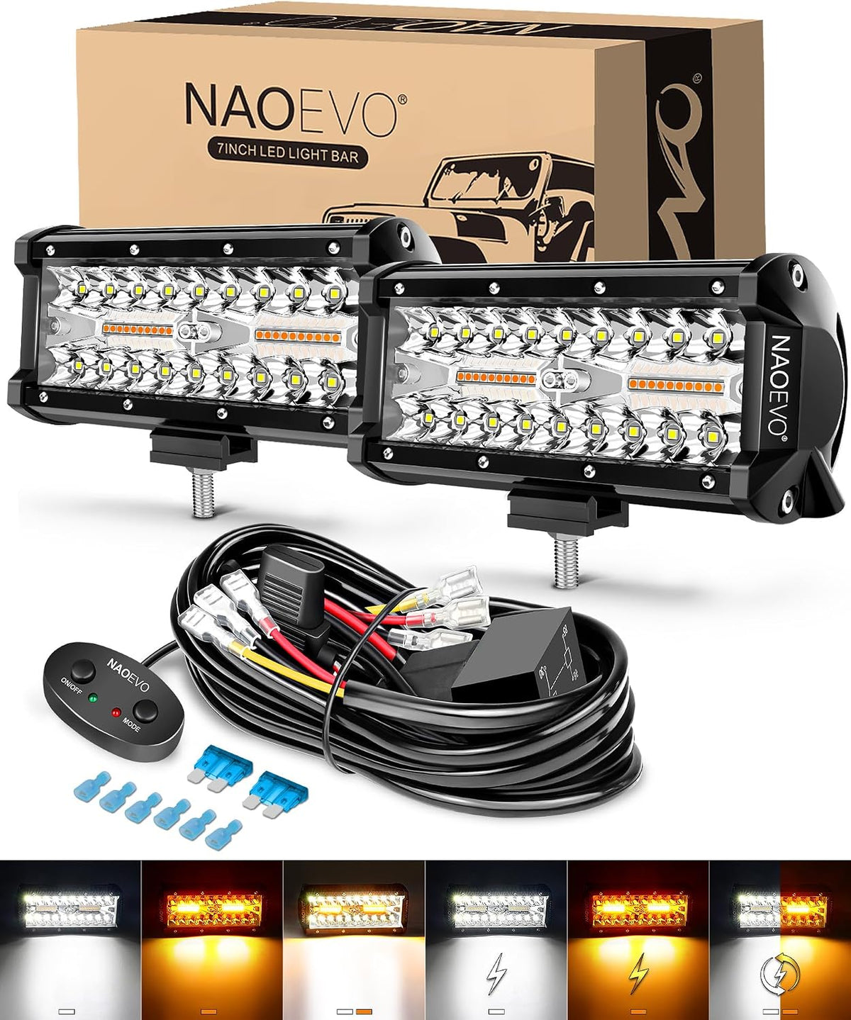 naoevo 7 inch led light bar, 6-mode strobe/fog, main product view
