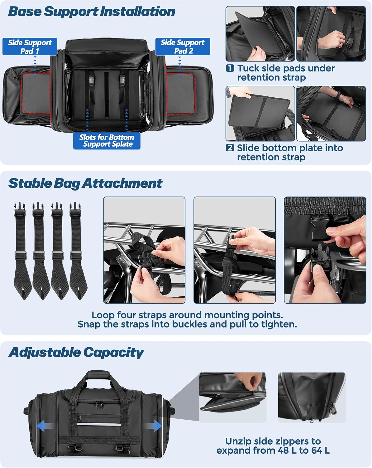 Marscamd Waterproof Motorcycle Tail Luggage Bag, 48L-64L Expandable, a Rain Cover Included, Bag with 4 Rack Mount Straps and Multiple Pockets - Black