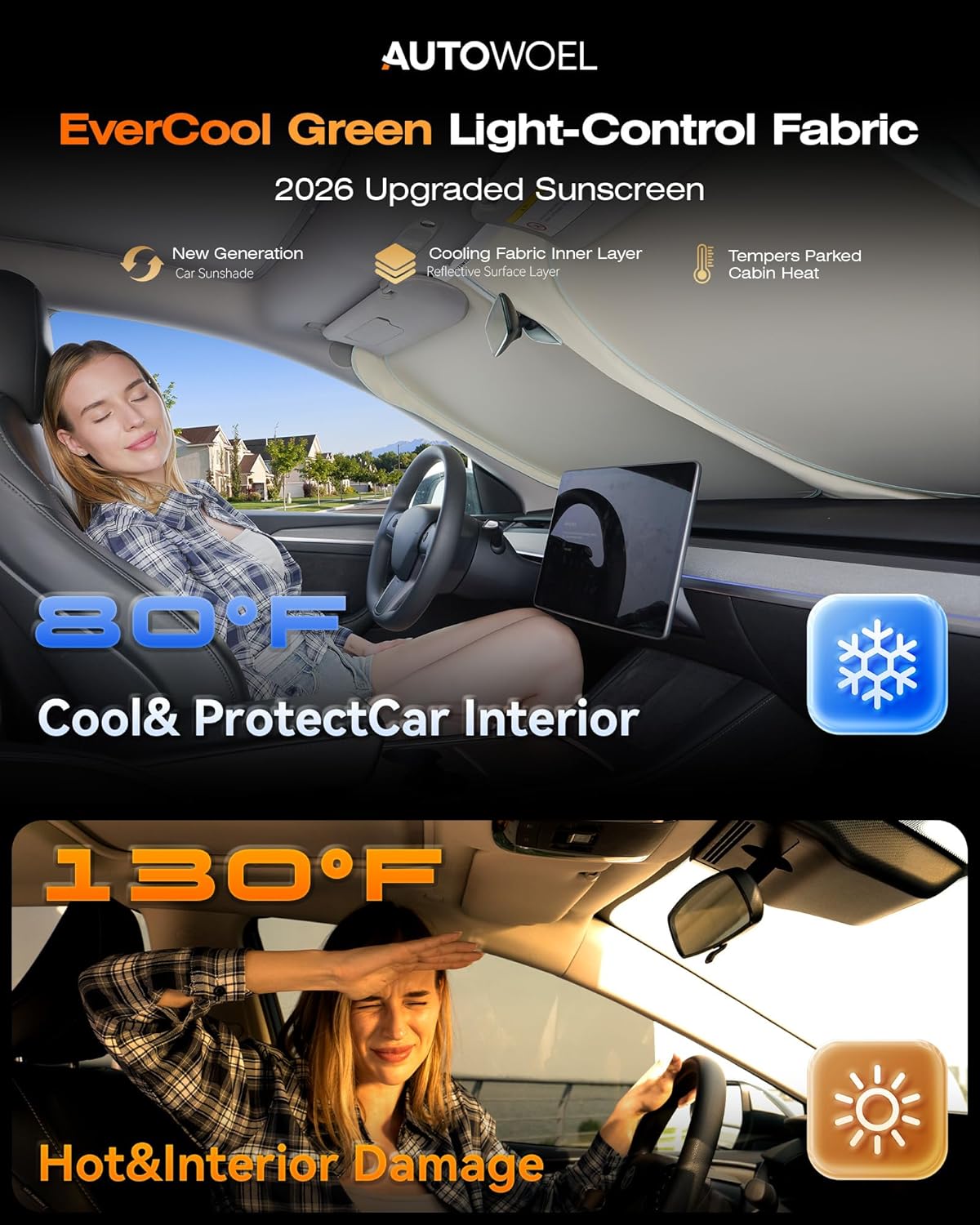 Windshield Sun Shade for Car, Cooling Car Windshield Shade, 99% UV Protection & Heat Insulation, Green & Beige Sunshade with Storage Bag, V-Cut Mirror Opening for Cars SUVs Trucks Vans 64"x 32"