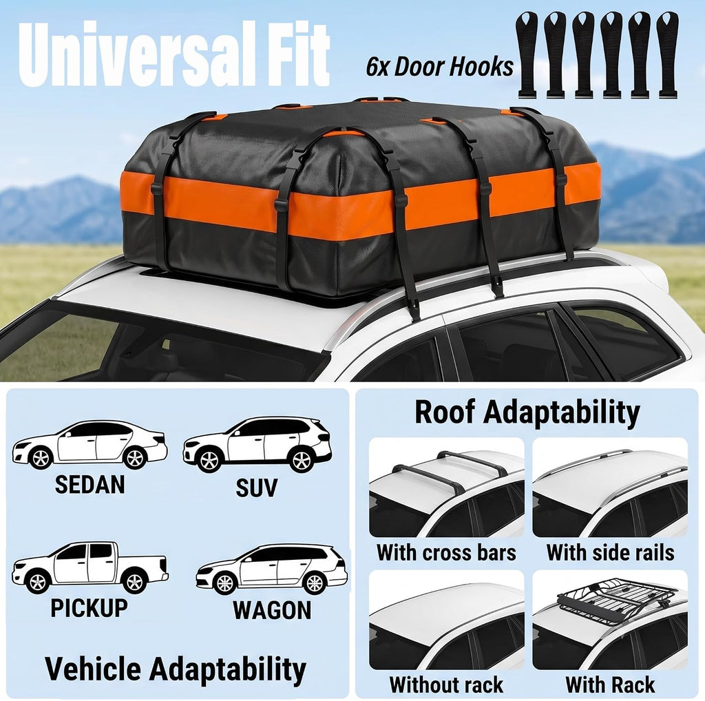 Rooftop Cargo Carrier 21 Cubit Feet 840D PVC Waterproof Car Roof Cargo Carrier Soft-Shell for Vehicle Top Luggage Storage, with Anti-Slip Mat, Reinforced Straps, Hooks, Lock, Storage Bag