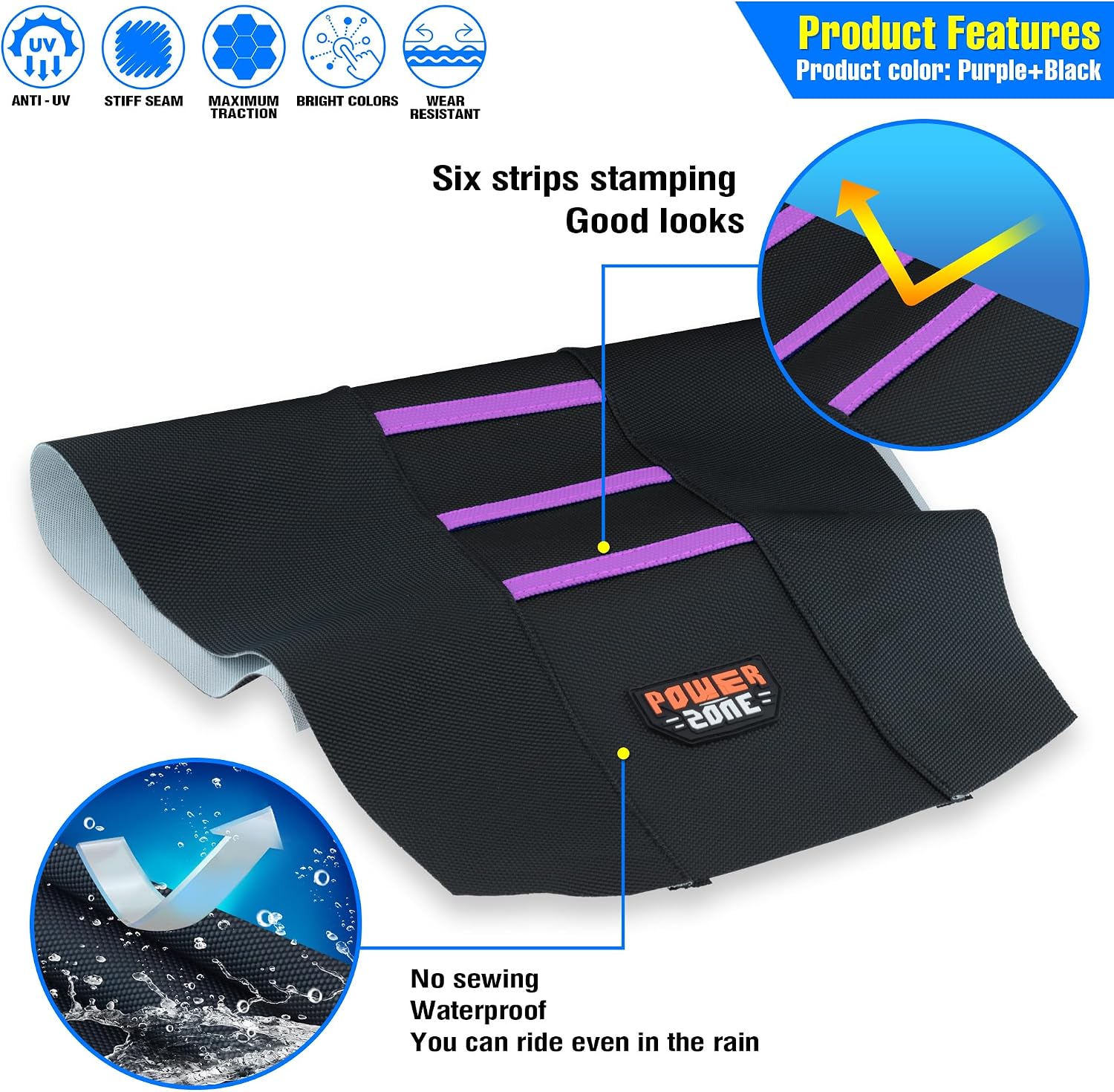 Motorcycle Universal Seat Cover Non-Slip Rubber Striped Gripper Soft Sewing for CRF WR WRF RMZ YZF SXF EXC EXC XC SX CR KLX Dirt Pit Bike Motocross Off Road Motorbike (Purple)