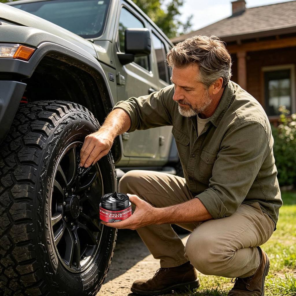 Tire Polishing Paste, 30g Black Car Tire Polishing Wax, Tire Shine, Deep Black Shine, Trim Restorer with Conditioning Formula, Water Resistant Coating for Seats Dashboards Trucks Motorcycles Sedan SUV