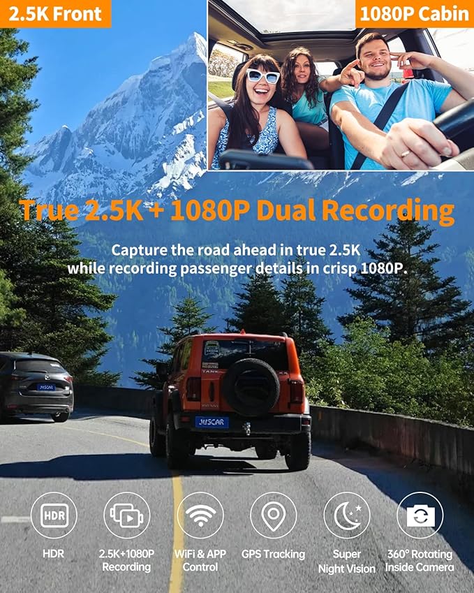 2.5K+1080P Dual Dash Cam Front and Inside, WiFi & GPS Dash Camera