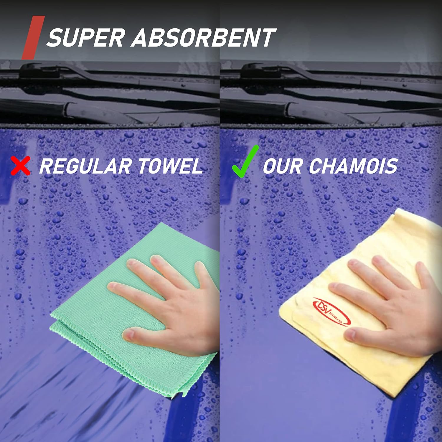 DSV Standard Premium Car Chamois Drying Towel, Drying Super Absorbent Chamois Cloth for Car Wash, Spotless & Scratch and Lint Free Shine, Shammy Towel for Car– 27.5 X 17 inches, 1 - Pack