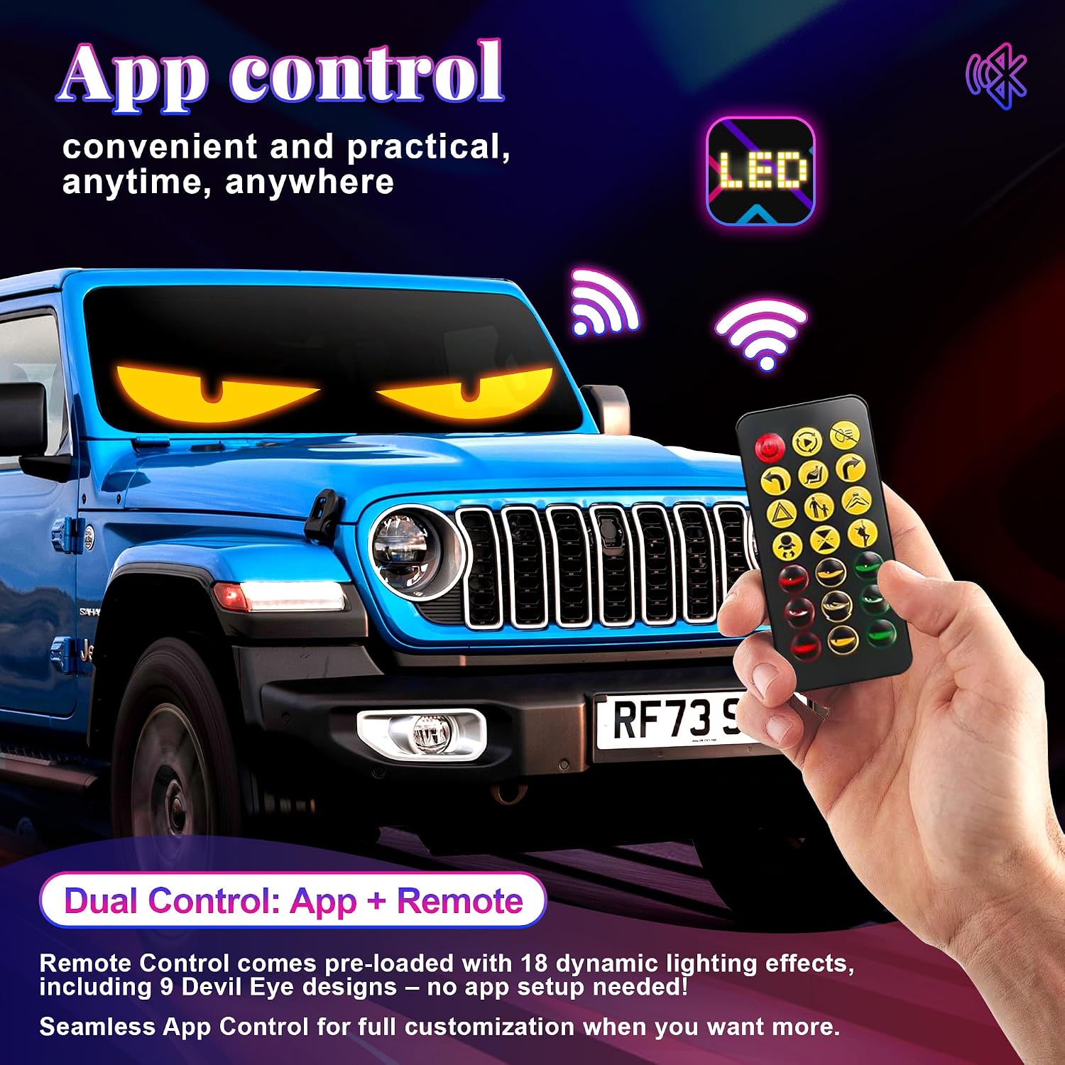 Sachie 2PC 5800 Lux High-Brightness Devil Eyes LED Light Strips for Cars/Trucks/SUVs - 23.6"x4.73" Customizable Windshield Decoration with App Control, IP68 Waterproof, USB-Powered