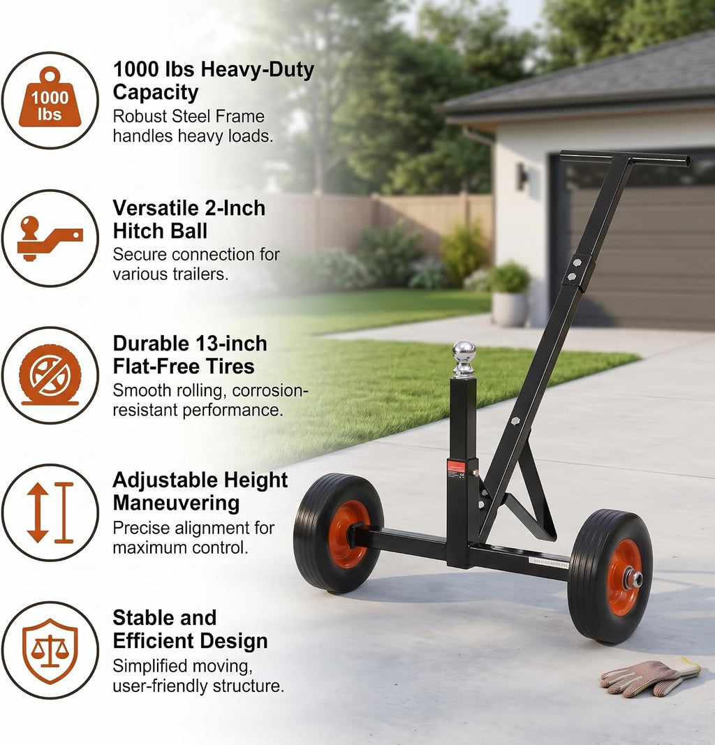Trailer Dolly 600lbs Capacity, Carbon Steel Trailer Mover with 1-7/8 inch Hitch Ball and 10 inch Flat-Free Tires, Adjust