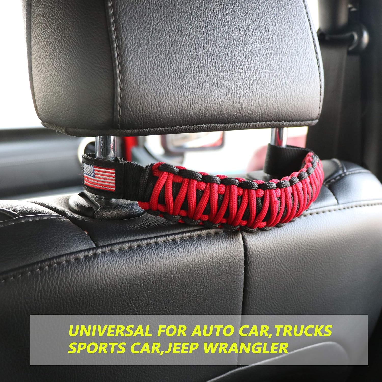 sukemichi Headrest Grab Handles for Jeep Wrangler, Toyota Tacoma, Trucks, SUV, Ford Bronco Accessories, Paracord Headrest Rear Seat Passenger Grip Handles, Universal, Red, Flag, 1 Pair