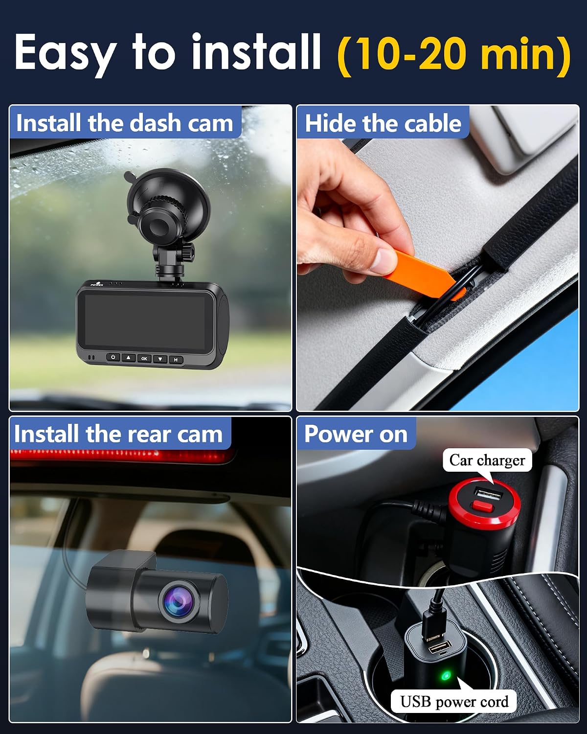 front and rear dash cam for truck: 4k+1080p showing dimensions