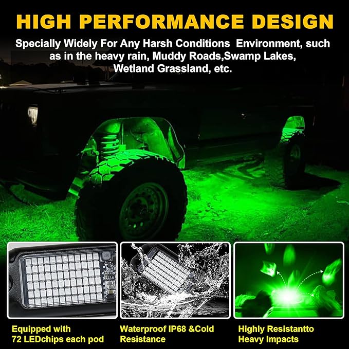 Nicoko 4Pods Pure Green LED Rock Lights 72w high Power Rock Lights Neon - Image 5