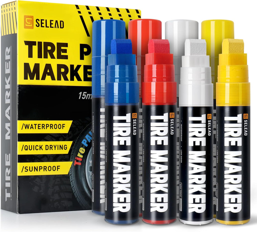 SELEAD 8-Pack Medium Tip White + 8-Pack Jumbo Wide Tip White Red Blue Yellow Tire Markers Paint Pens for Car Tires Lettering