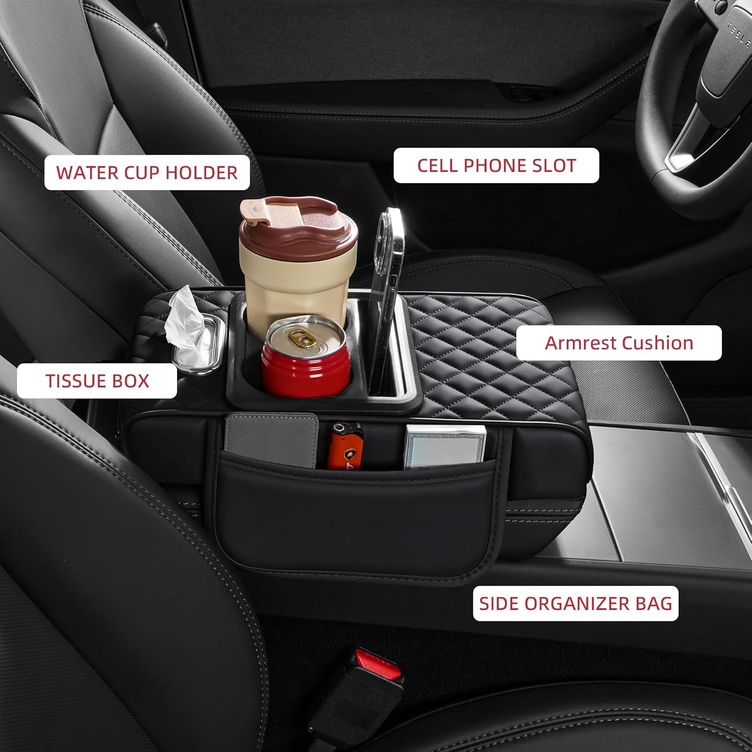 5 in 1 Nappa Leather Console Armrest Cover, Black | Built-in cup holder, tissue slot, phone holder & 2 storage pockets, practical car accessories fit SUV sedan truck