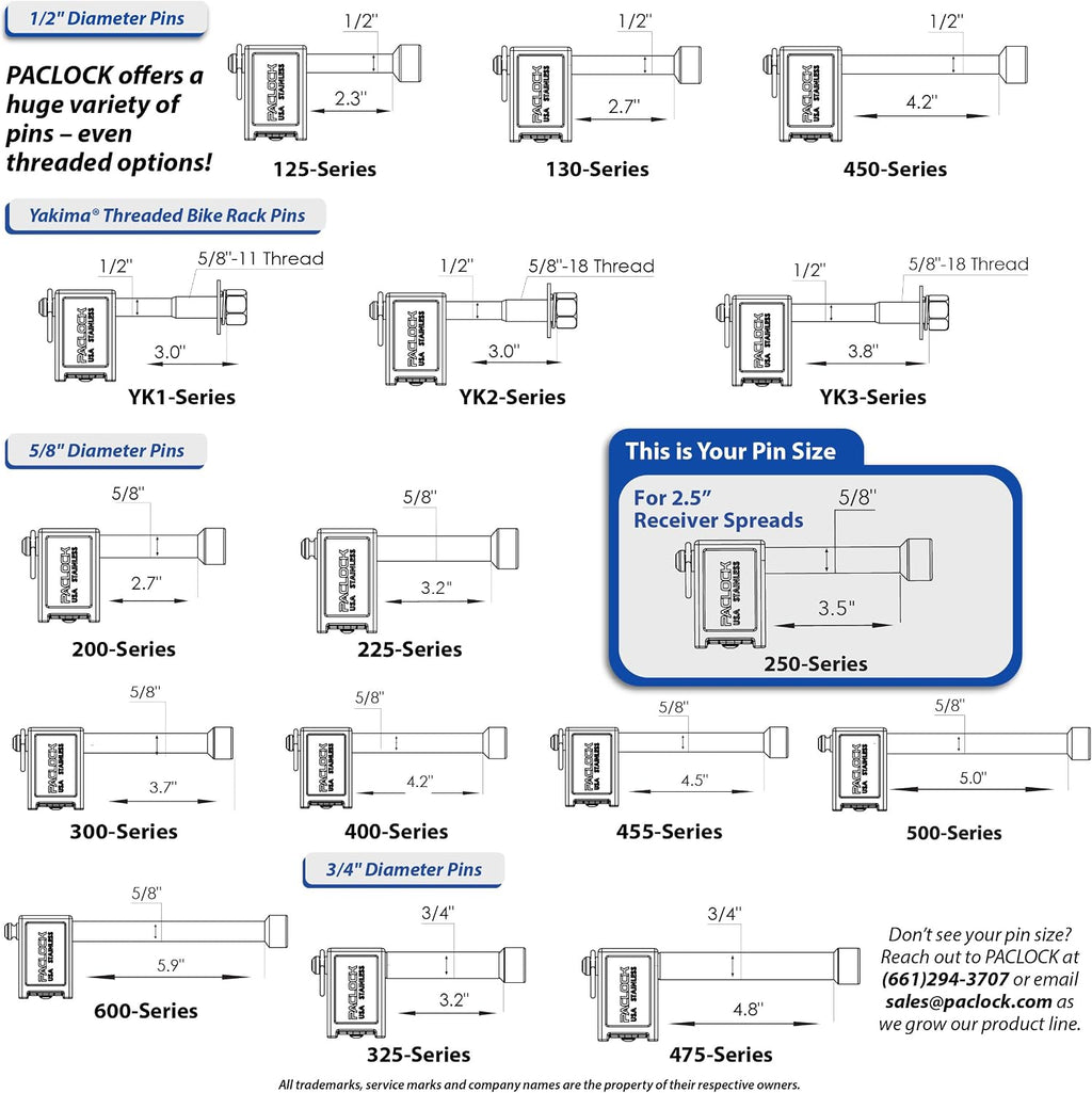 PACLOCK's 80-Series Trailer Hitch Lock, UCS, 250" Pin for 2-1/2" Receivers, High Performance 6-Pin Cylinder, One Lock Keyed to a Number U-Pick! w/ 2 Keys, Blue