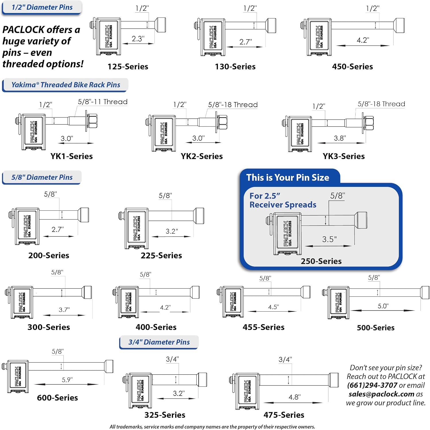 PACLOCK's 80-Series Trailer Hitch Lock, UCS, 250" Pin for 2-1/2" Receivers, High Performance 6-Pin Cylinder, One Lock Keyed to a Number U-Pick! w/ 2 Keys, Blue