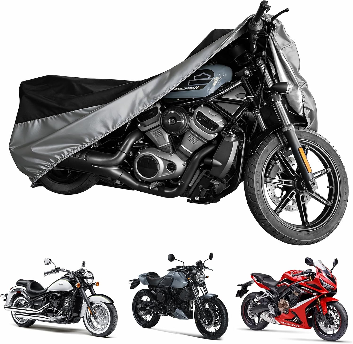 300D Motorcycle Cover Waterproof Outdoor, 96.5 inch Fits for Harley Davidson Sportster Iron 883/1200, Forty-Eight, Nightster, Nightster Special, Street 500/750, Black Silver