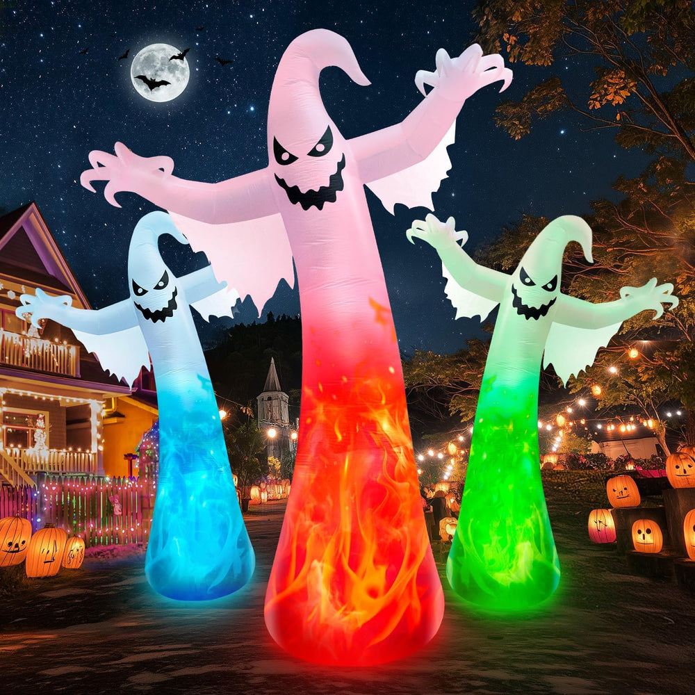 12FT Giant Halloween Inflatables Ghost with 3-Colored Flame Rotation Light