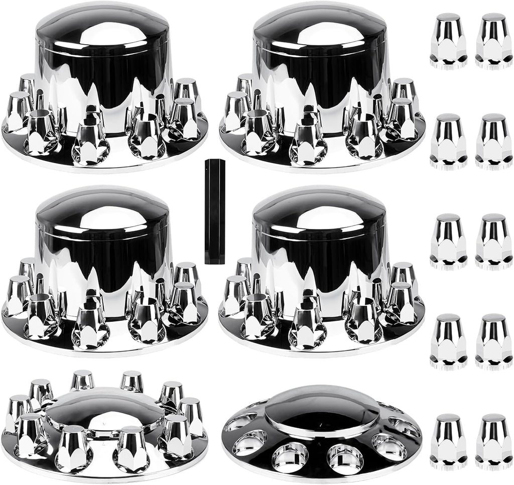 Chrome ABS 33 mm Thread-On Dome Axle Cover Combo Kit, 2 Front and 4 Rear with Removable Hub Caps and Lug Nut Covers for Semi Truck