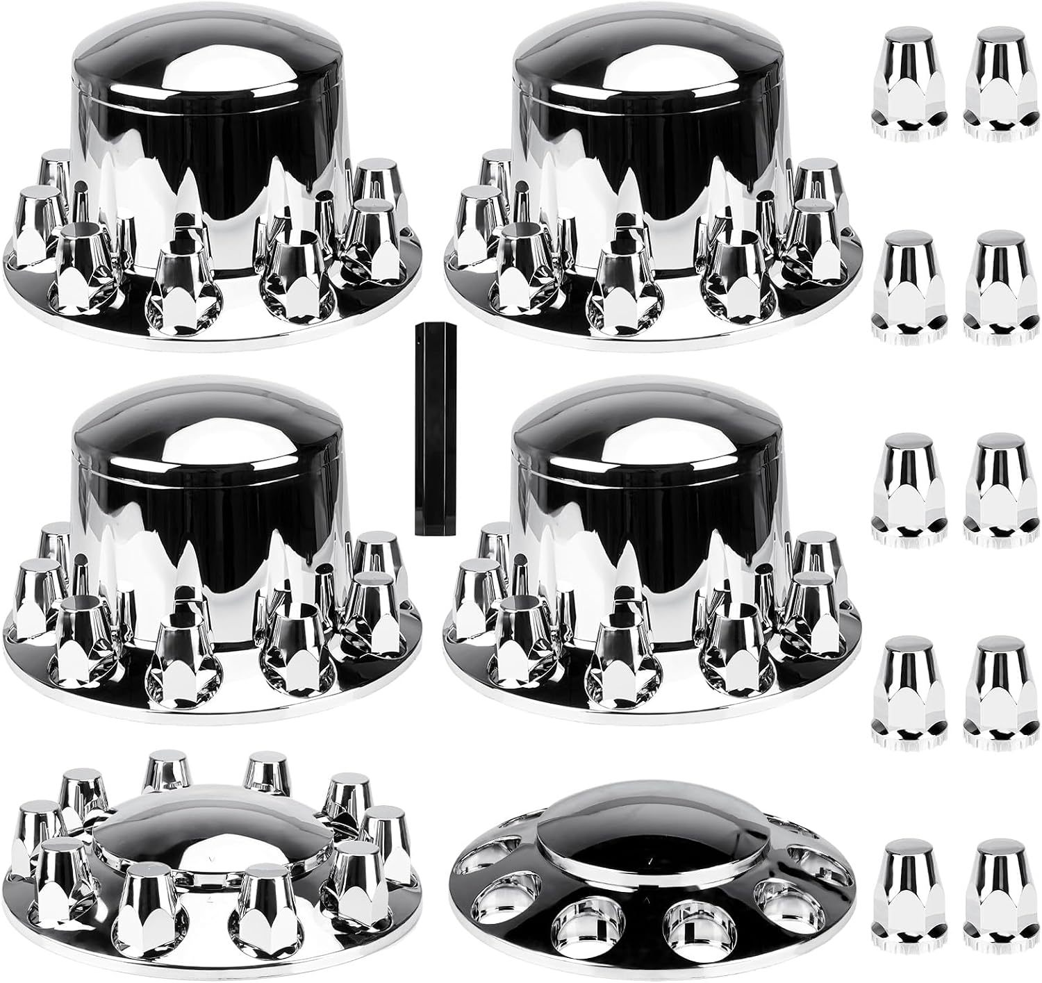 Chrome ABS 33 mm Thread-On Dome Axle Cover Combo Kit, 2 Front and 4 Rear with Removable Hub Caps and Lug Nut Covers for Semi Truck