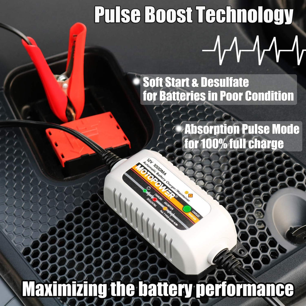 MOTOPOWER MP00205B 12V 1000mA Automatic Battery Charger, Battery Maintainer, Trickle Charger, and Battery Desulfator with Timer Protection - Grey