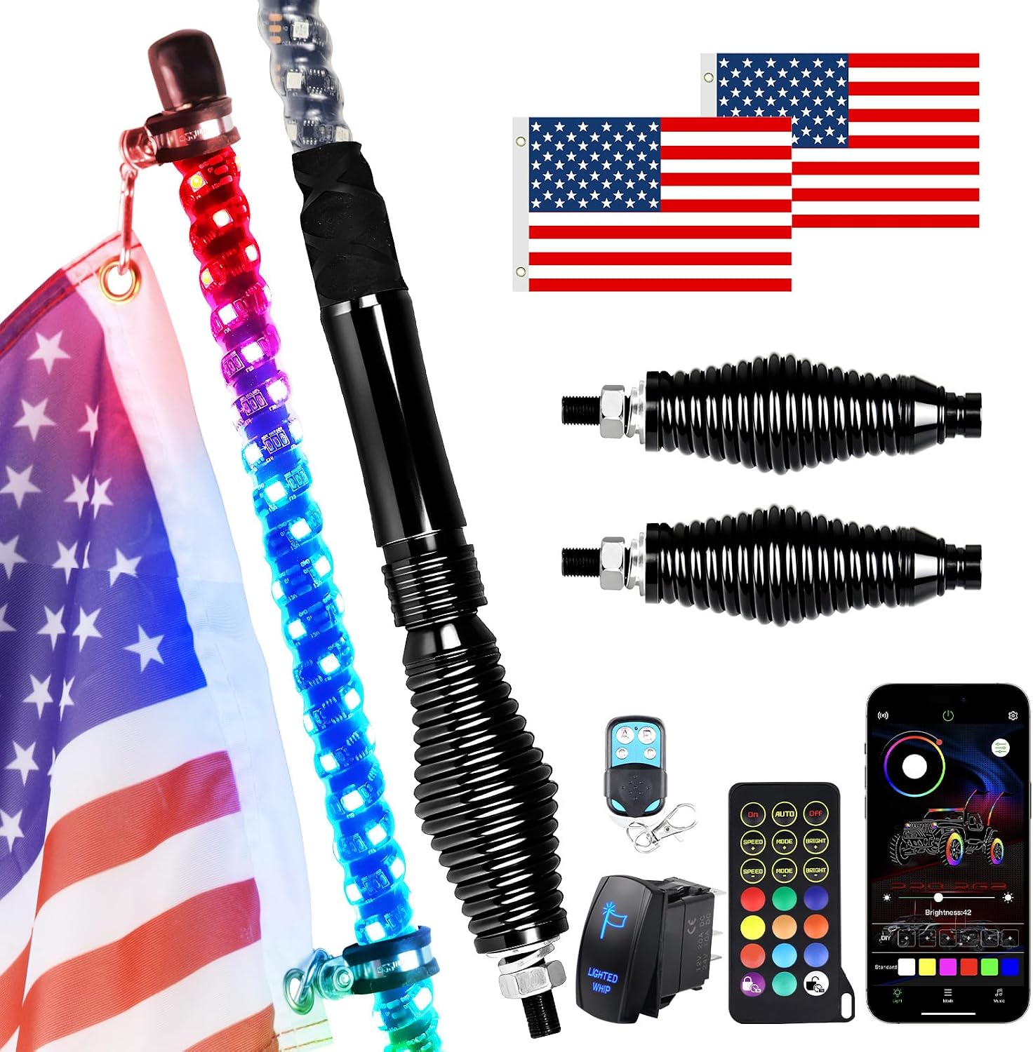 2PCS 3FT Spiral RGB LED Whip Light for UTV, with Spring Base App & RF Wireless Remote Control, Chasing Lighted Antenna Whips for UTV ATV RZR SXS Can-Am Polaris Offroad Truck
