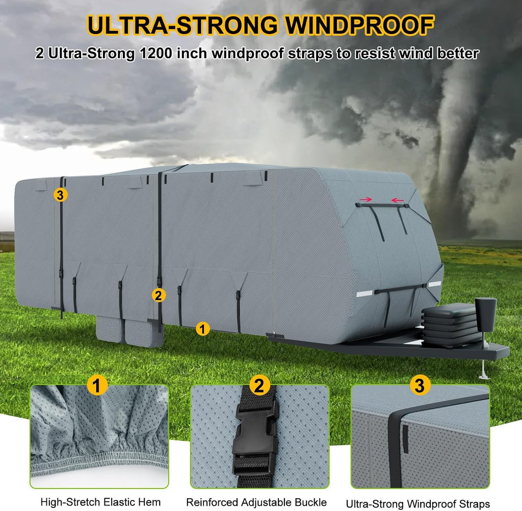 RV Cover 24-27ft, Travel Trailer Heavy Duty Extra-Thick 8 Layers Anti-UV Waterproof Windproof Camper Cover with Tongue Jack Cover, Extra Windproof Ropes, Gutter Covers