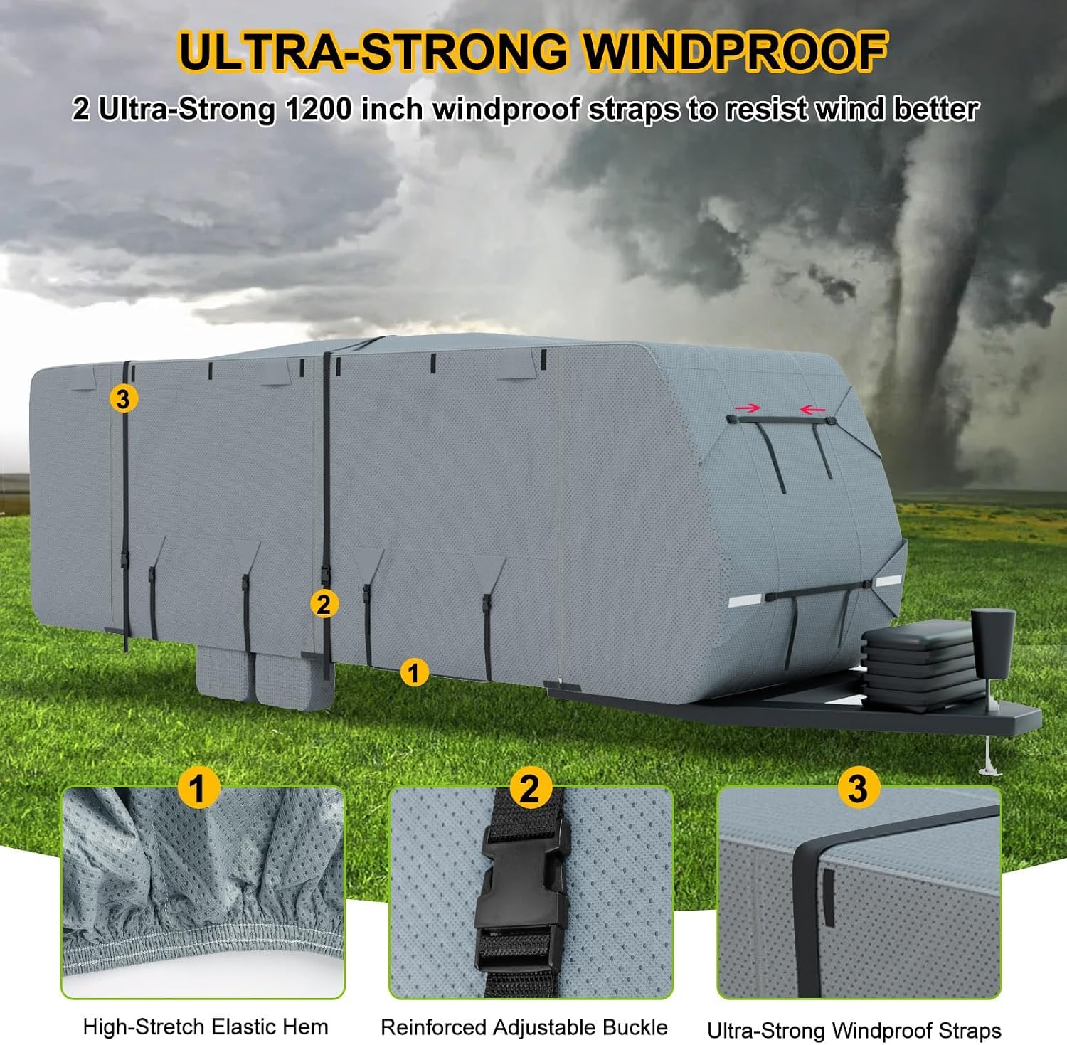 RV Cover 24-27ft, Travel Trailer Heavy Duty Extra-Thick 8 Layers Anti-UV Waterproof Windproof Camper Cover with Tongue Jack Cover, Extra Windproof Ropes, Gutter Covers