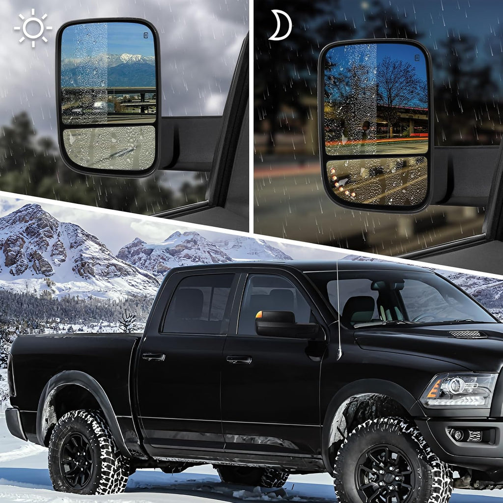 Towing Mirror for Dodge Ram - Replacement fit for 2009-2018 Dodge Ram 1500 2500 3500 Pickup Truck with Power Adjusted Glass Heated LED Turn Signal Light Puddle Lamp Temp Sensor Flip Up Pair Set