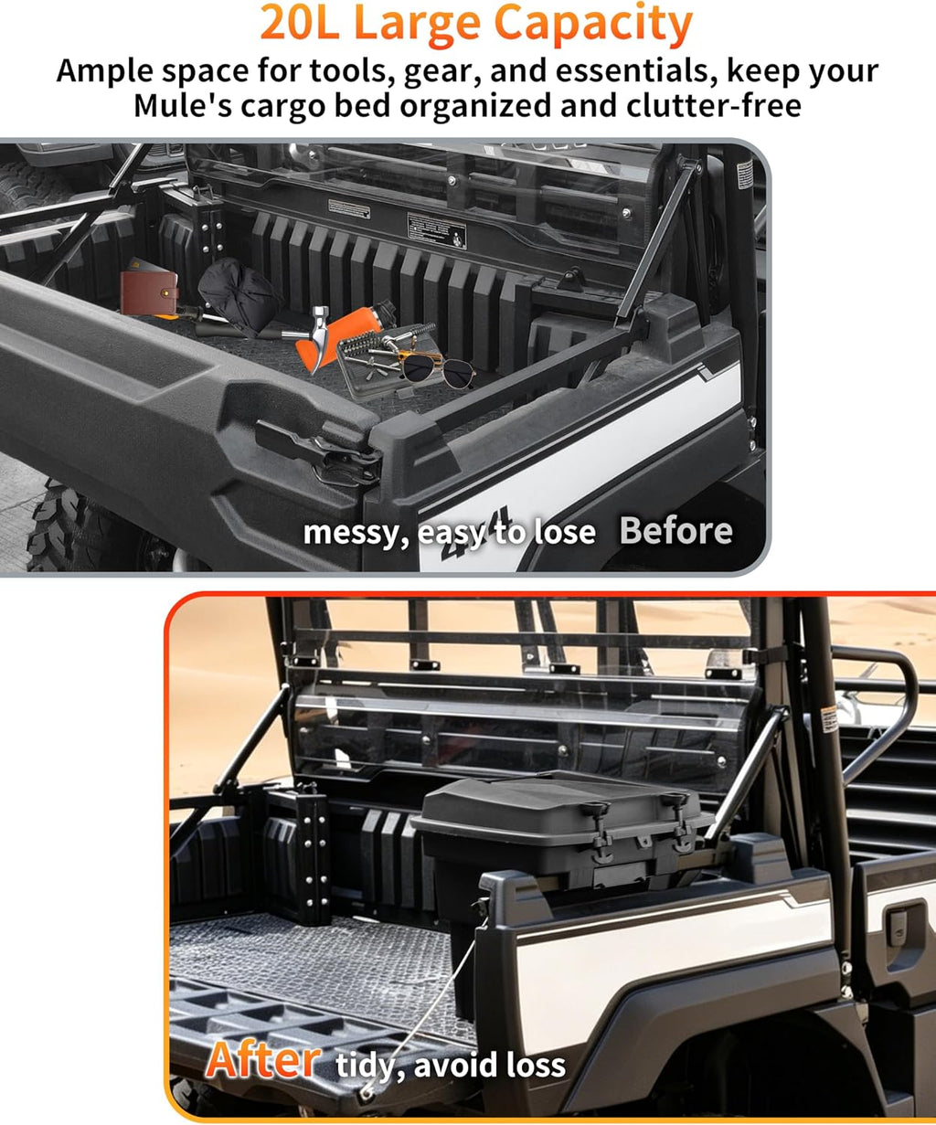 Rear Cargo Box for Kawasaki Mule Pro FXT DXT DX FX 2015-2026 Accessories, 20L Removable Waterproof Storage Bin, Heavy Duty PP Tool Box Organizer