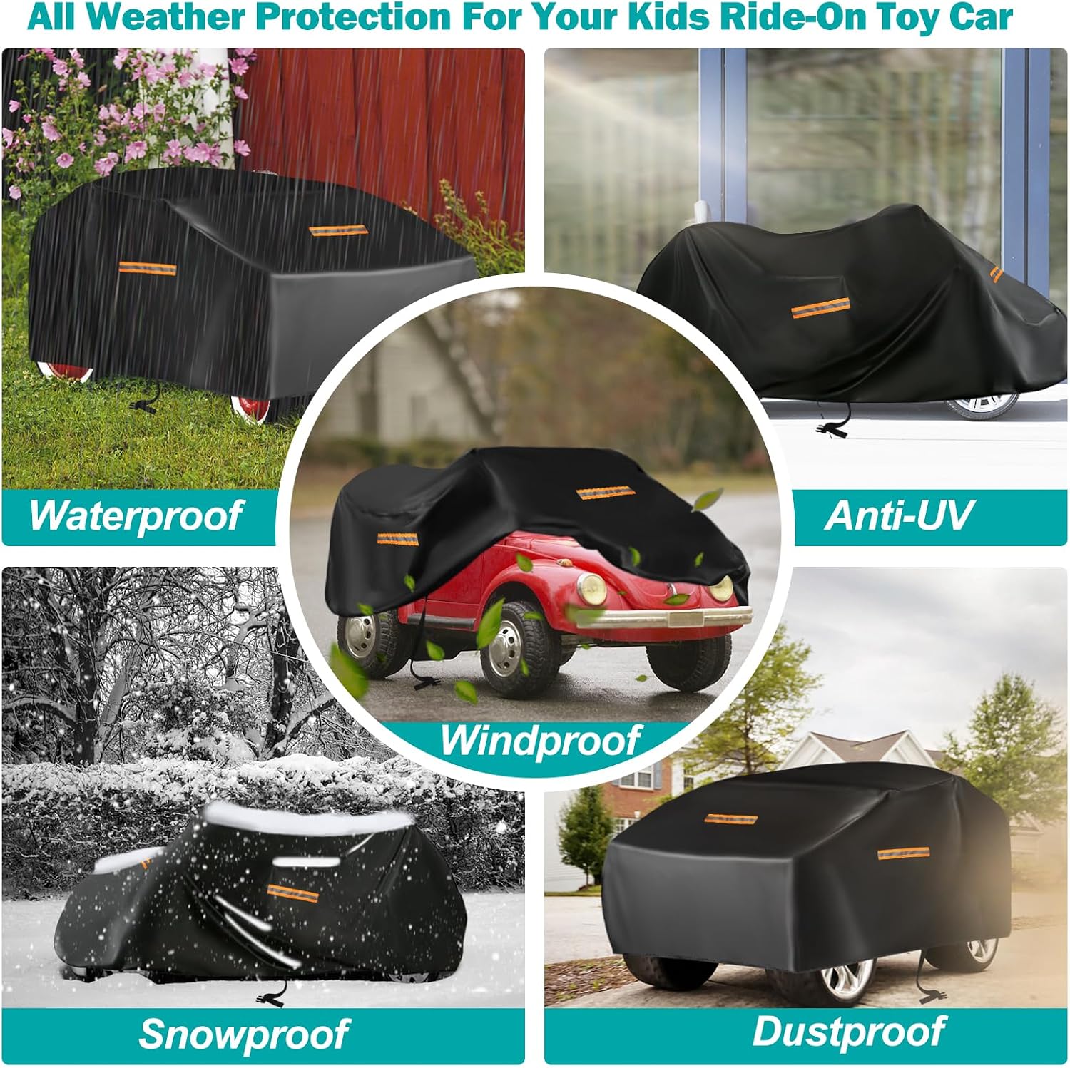 Kids Ride On Car Cover,Large Power Wheels Cover Waterproof,210D Universal Toy Car Cover for Power Wheels Jeep & Toddler Electric Vehicles,All Season Protection,with 3 Reflective Strips