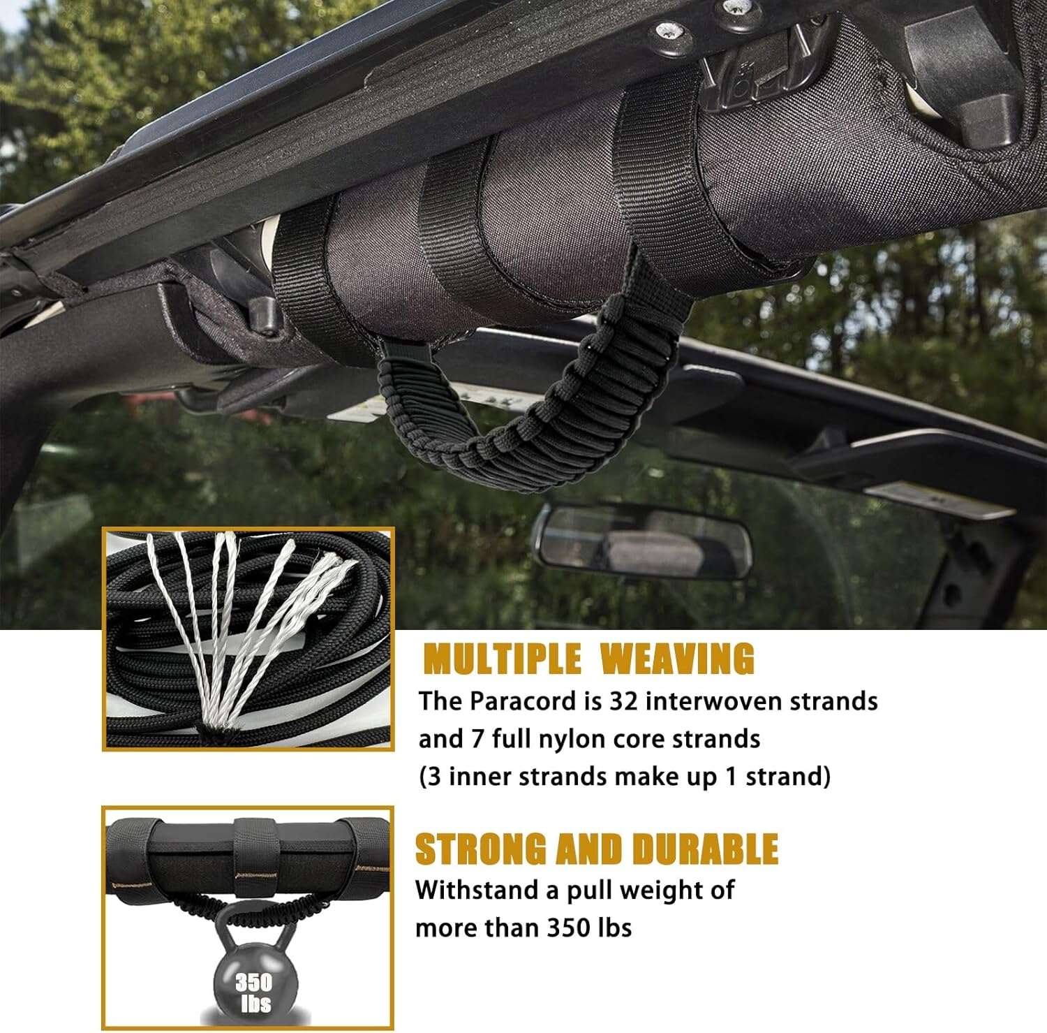 Jeep Roll Bar Grab Handles, 4 Pack Paracord Jeep Handles Grab for Wrangler JK YJ TJ JL & Gladiator JT 1955-2023 Modles, Wrangler Hardware Handles (Black)
