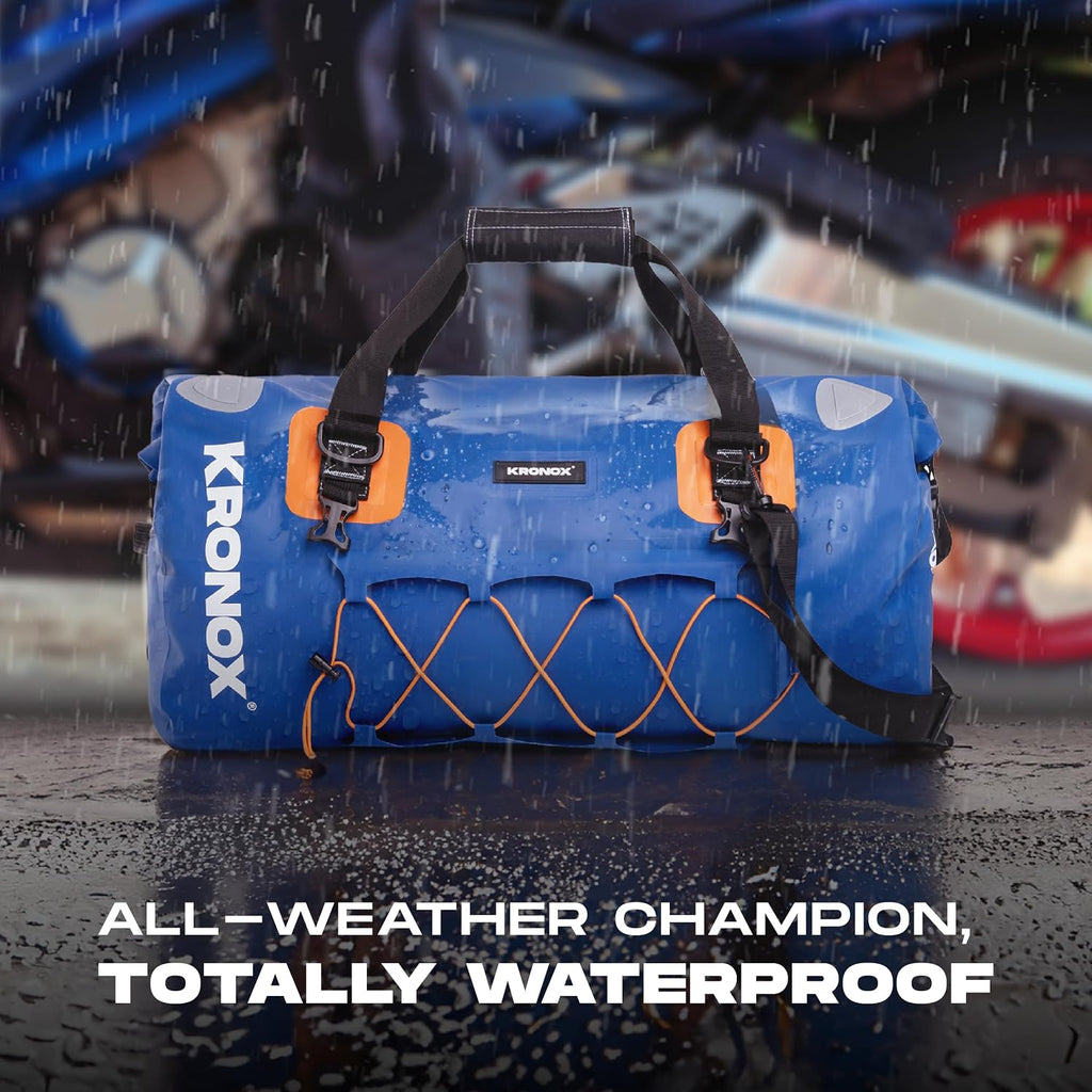 KRONOX Motorcycle Duffel Bag Waterproof, 40L Blue – Durable Motorcycle Luggage & Saddle Bags. Back Seat Dry Bag for Travel, Commute & Dirt Bike Gear
