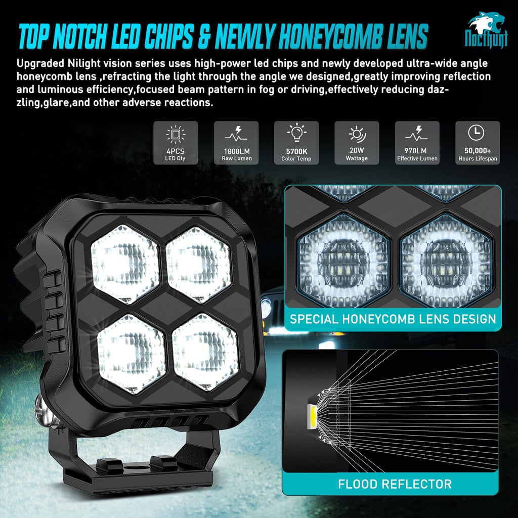 Nilight LED Pod Light 2 PCS 2.8 Inch 20 W 4 LED Square Hyper Flood Beam Driving Offroad Lights w/18AWG Rocker Switch Wiring Harness Kit for Truck Motorbike Boat ATV UTV SUV