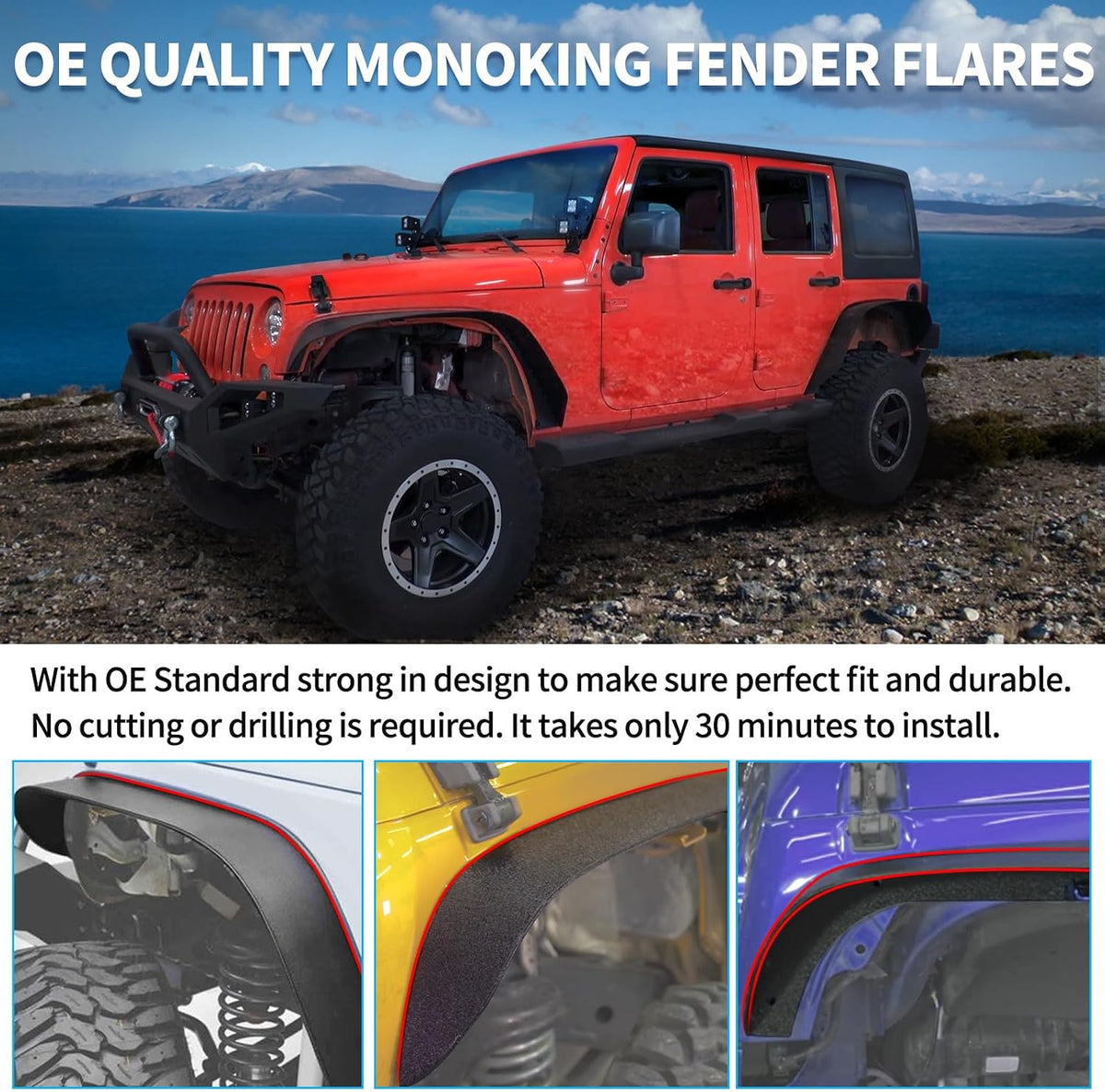 monoking 4pcs flat fender flares for 2007-2018 wrangler showing dimensions