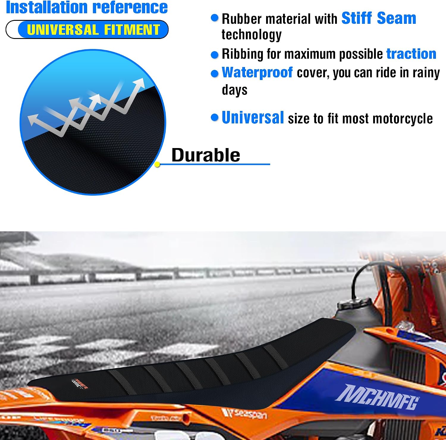 Motorcycle Universal Seat Cover Non-Slip Rubber Striped Gripper Soft Sewing for Yozma In10 CRF WR WRF RMZ YZF SXF EXC EXC XC SX CR KLX Dirt Pit Bike Motocross Off Road Motorbike (Black)