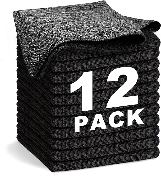 Black Microfiber Cleaning Cloth 13"x13", Ultra Soft Absorbent Microfiber by WEAWE