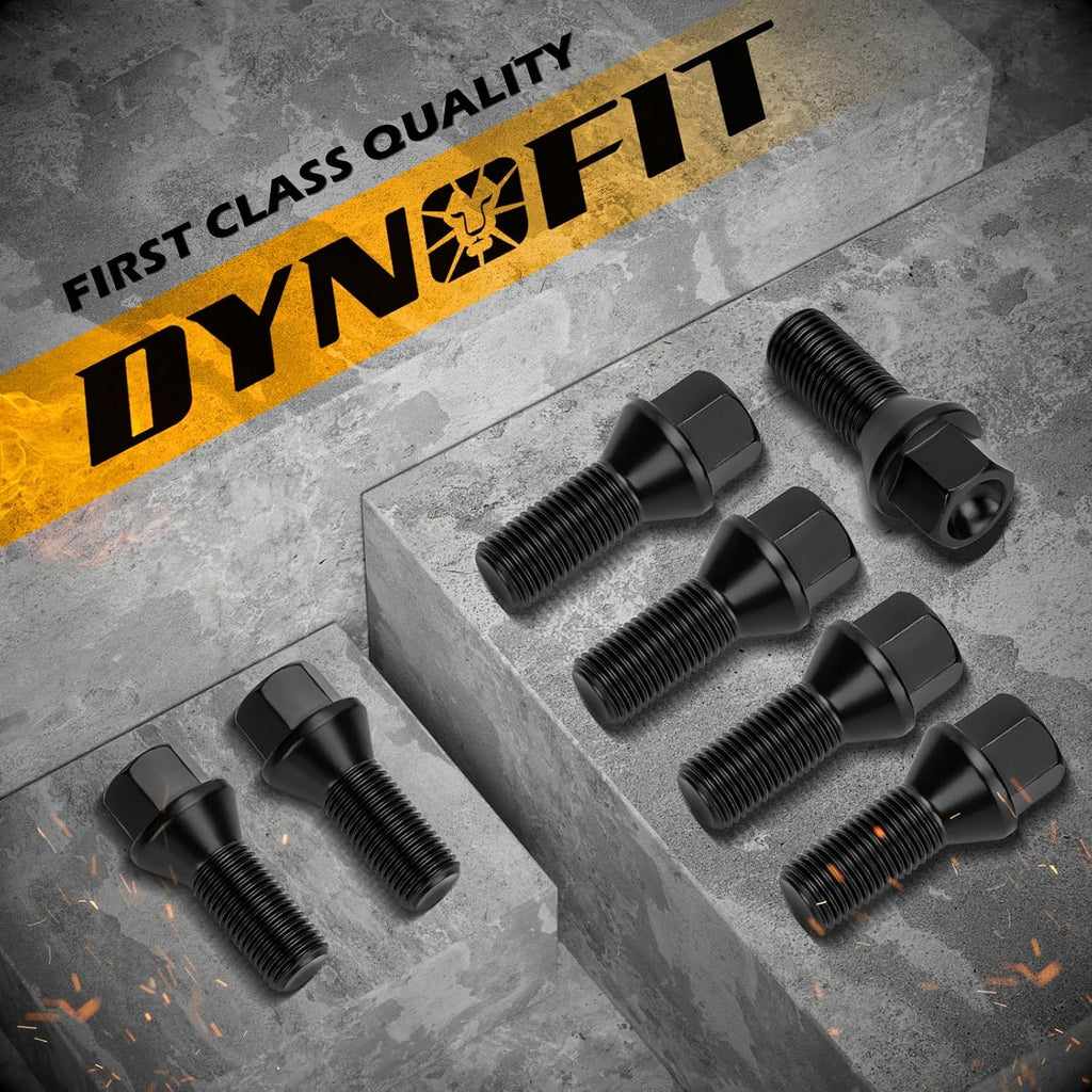Dynofit 14x1.5 Lug Bolts Compatible with Audi A3 A4 A1 A8,27mm Shank Conical Seat Aftermarket Wheel Bolt, Fit CC Golf Jetta Lavida Se Boxster Cayman Macan Panamera, 20PCS One-piece Design Black Studs