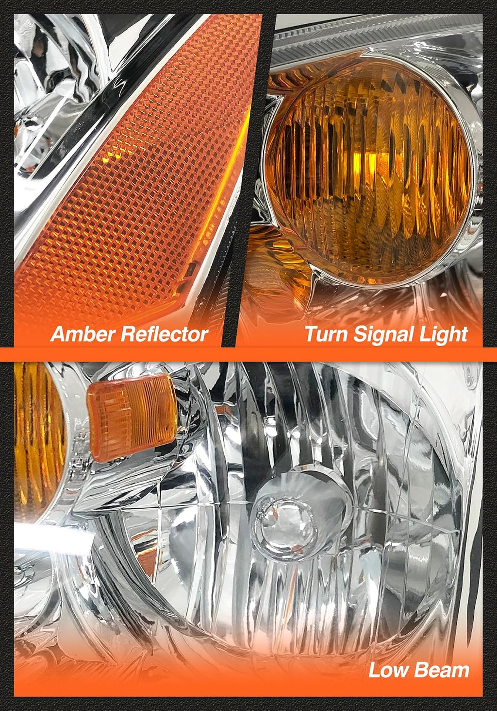 Headlights Assembly for 2002 2003 2004 Nissan Altima Chrome Housing Amber Reflector Clear Lens Headlamp Left and Right Side