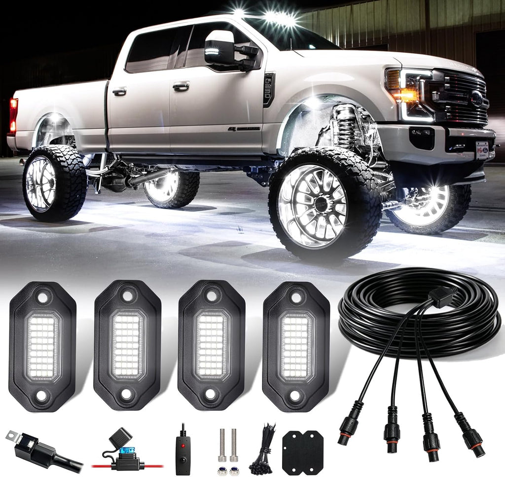 White Rock Lights,Haistyle LED Pure White Rock Lights Kit 4PCS with Switch Wire Harness Kit for Trucks UTV Off Road Boat ATV SUV Luces para Carro Super Bright High Power Light Waterproof Shockproof