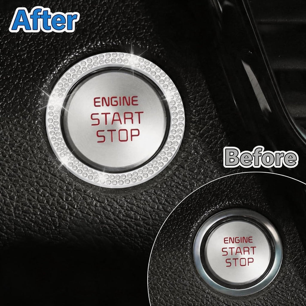 2PCS Crystal Rhinestone Car Engine Start Decoration Ring, Push to Start Button Cover Stickers, Combinatorial Bling Car Interior Accessories for Women (Double row - Silver)