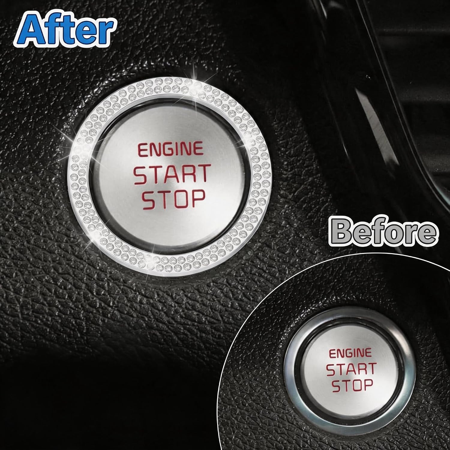 2PCS Crystal Rhinestone Car Engine Start Decoration Ring, Push to Start Button Cover Stickers, Combinatorial Bling Car Interior Accessories for Women (Double row - Silver)