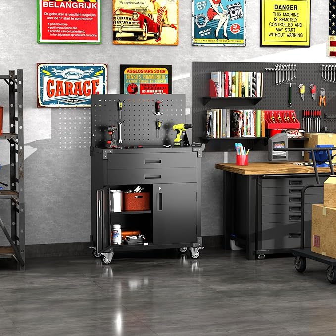 Black Tool Cart with Pegboard and 4 Hooks, Garage Storage Cabinet on Wheels - Image 6