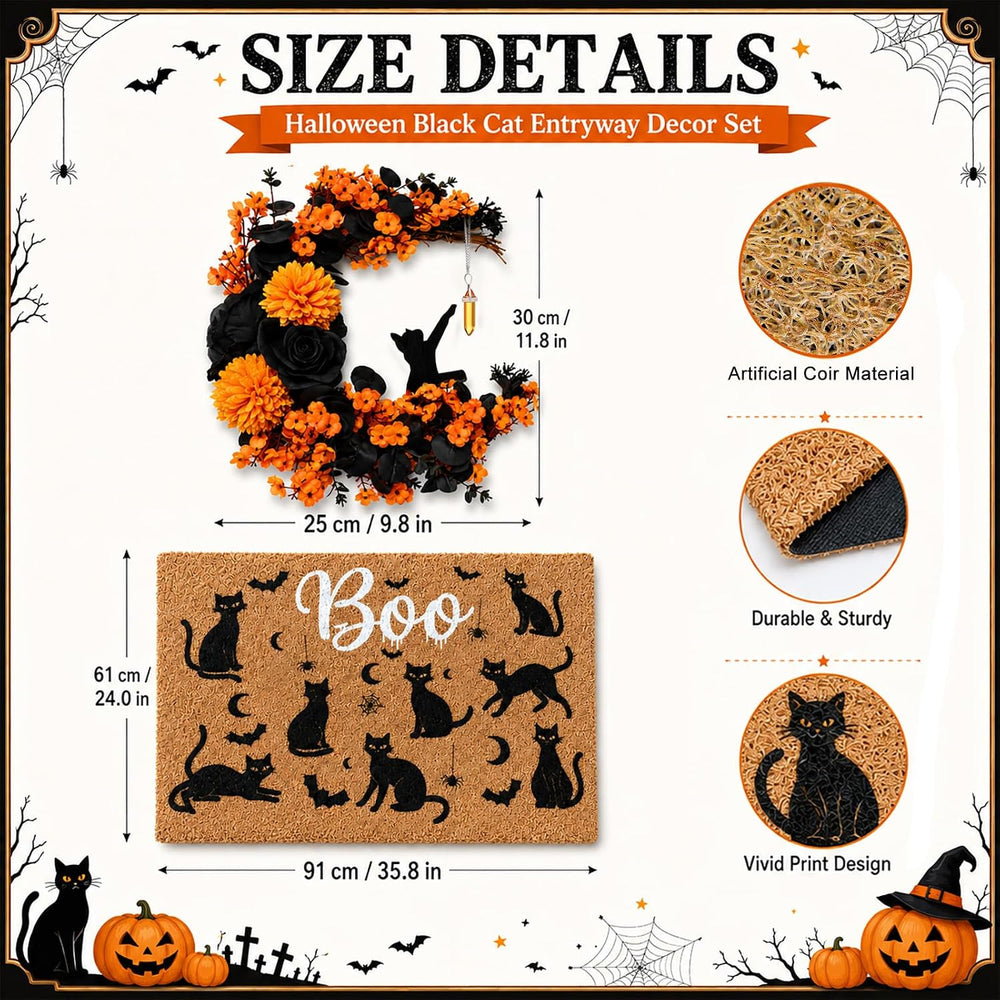 Thiccywoov 2 Pcs Halloween Black Cat Doormat and Wreath Sets for Front Door