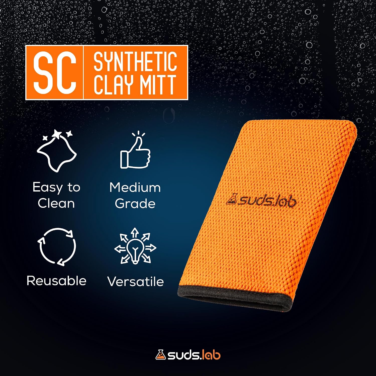 Suds Lab SC Synthetic Clay Mitt for Car Detailing – Reusable Clay Bar Mitt to Remove Paint Overspray, Water Spots, Tree Sap & Rail Dust from Paint, Glass & Plastic