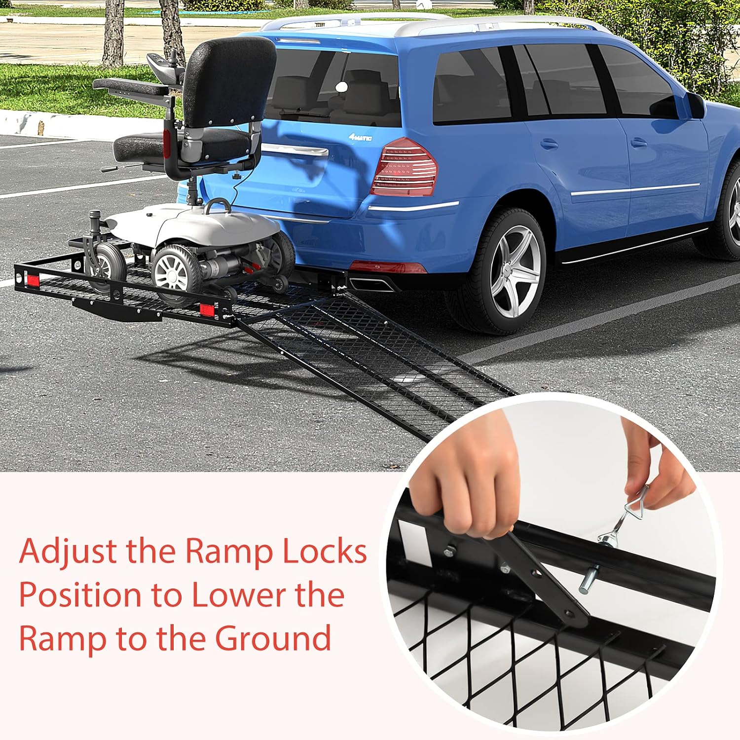 Goplus Mobility Scooter Carrier, 50” x 29.5” Folding Wheelchair Carrier for Car with 42” Ramp, Stabilizer & 2 Tie Down Straps, 500 LBS, Fit 2" Hitch Receiver, Hitch Cargo Carrier for SUV Car
