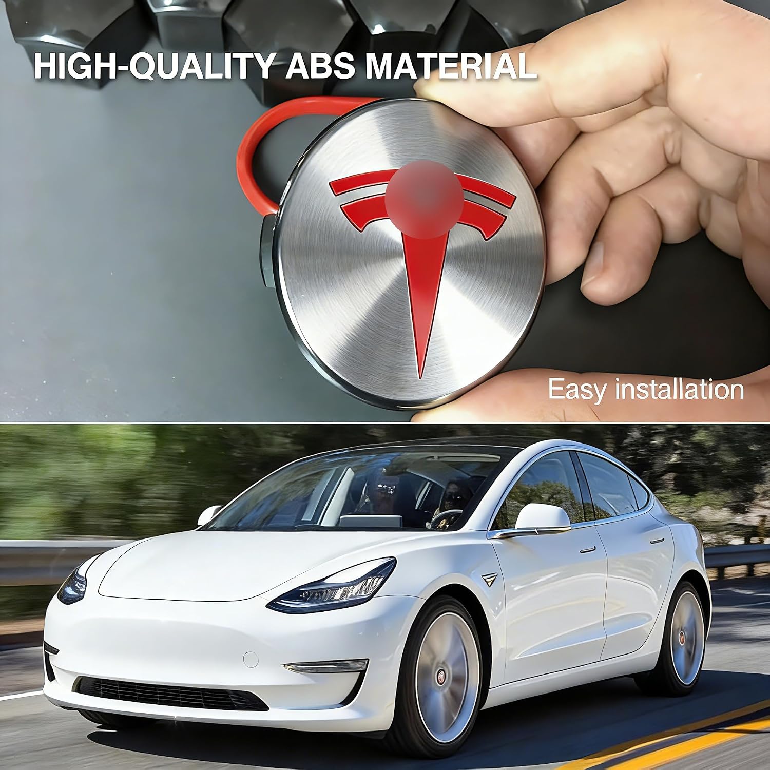 Wheel Center Hub Cap Kit with Tesla Emble Brand Center Caps for Model 3 Model Y with 20 Lug Nut Covers (4PCS) (Red-Silver)
