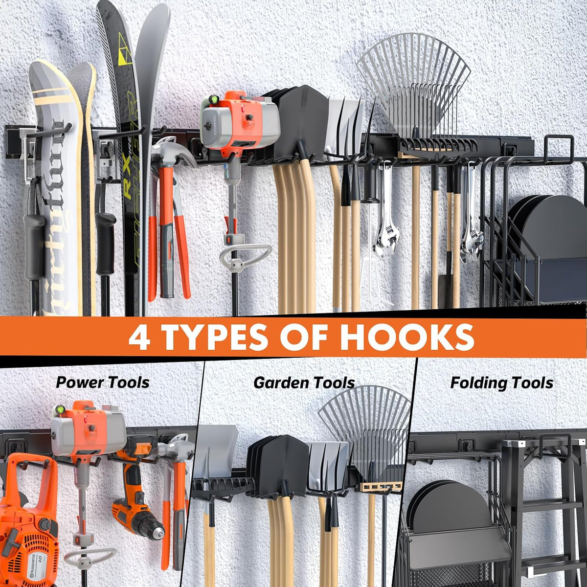64'' garage tool organizer wall mount, 620lbs heavy, close-up detail