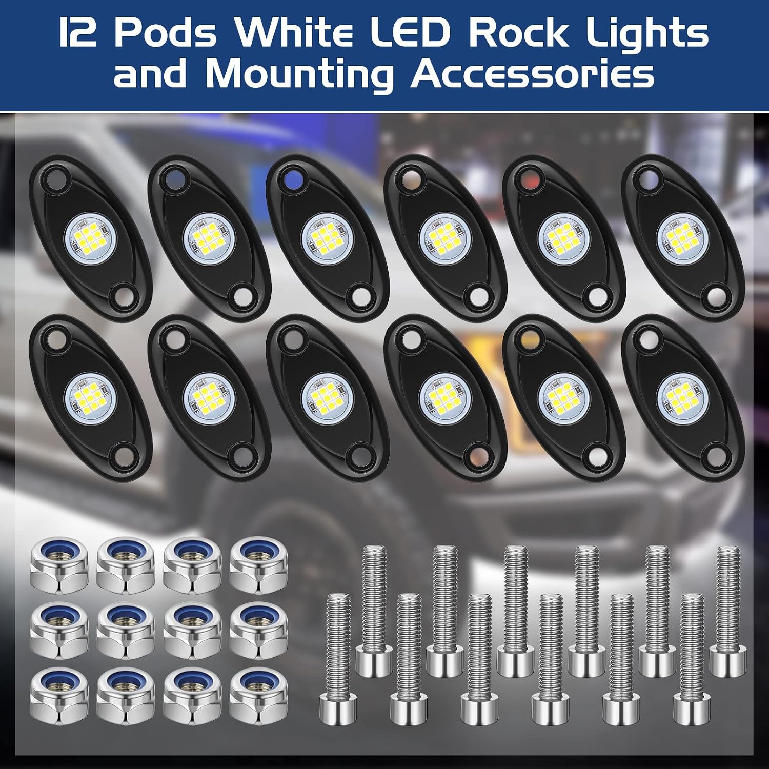 Macarrie 12 Pods Rock LED Lights Waterproof Neon Underglow Trail Rig Lamp Lighting for Car SUV Pickup Truck Motorcycle Boat ATV Utv RZR Rv Offroad Trailer Fender Under Body Golf(White)