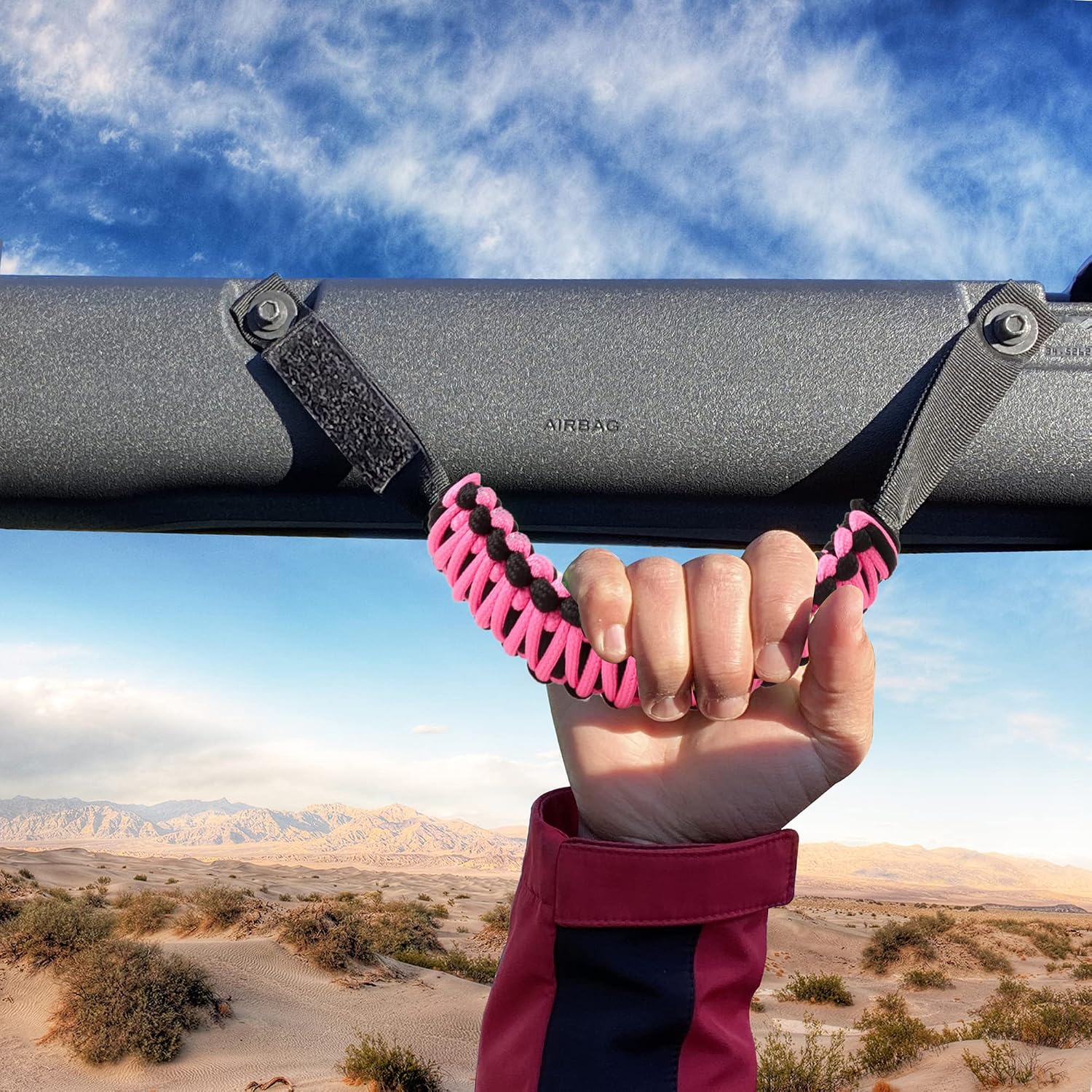 Roll Bar Grab Handles for 2021 2022 2023 2024 2025 2026 Ford Bronco 2 Door 4 Door Accessories Paracord Grip Handle, No Embroidery, 2 Pack Pink